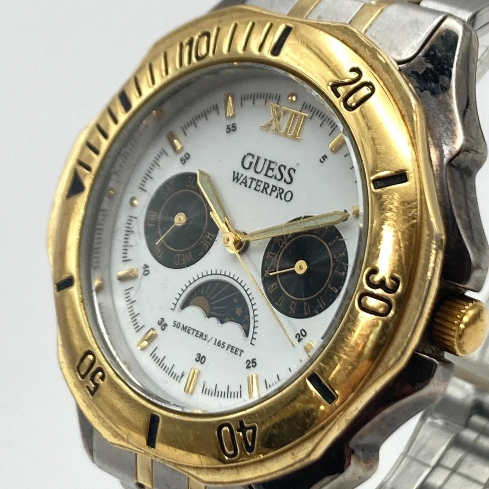 Guess Waterpro Men's Watch Sun Moon 39mm Gold Silver Tone Day Date New Battery